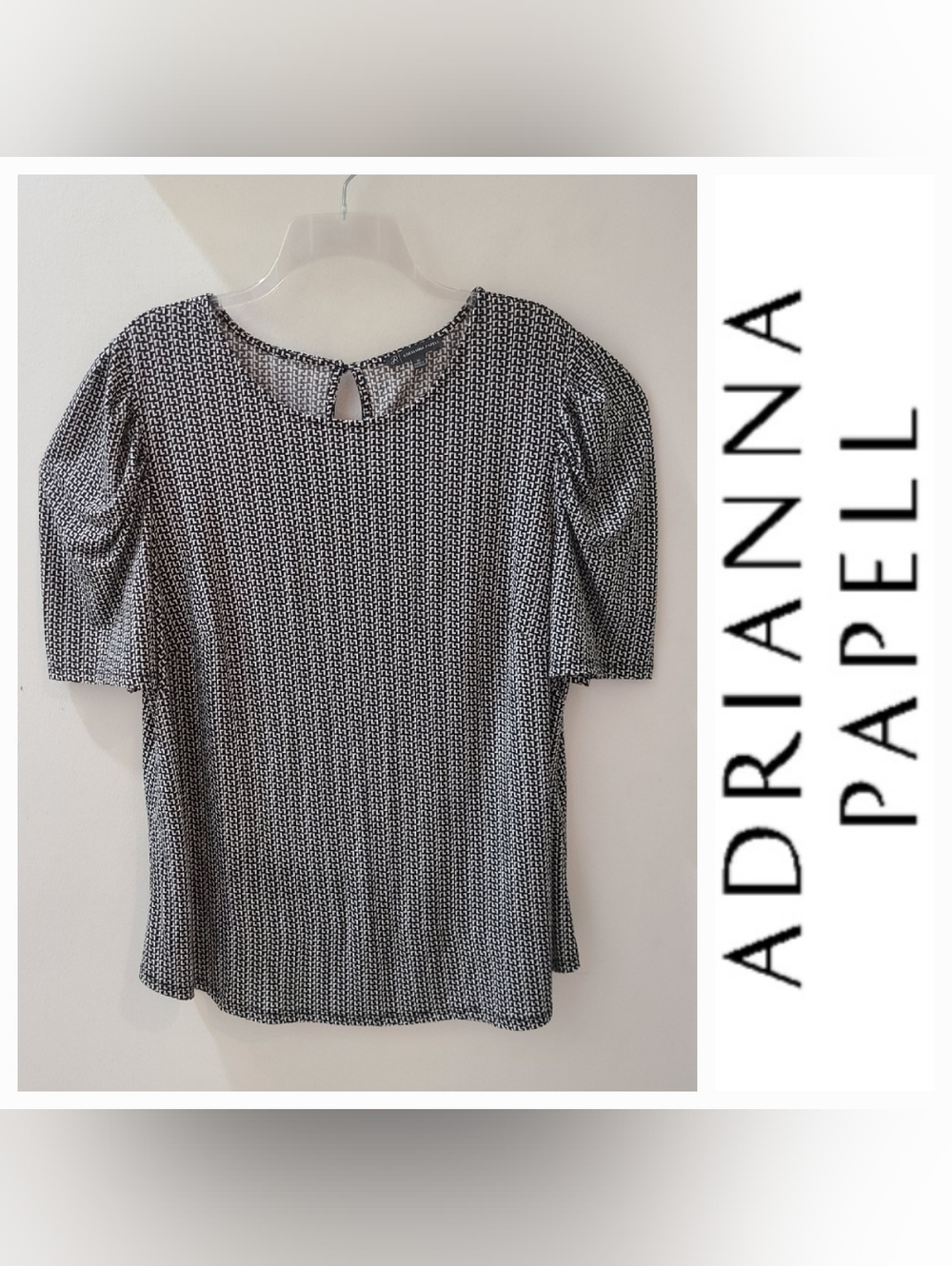 Adrianna Papell Black & White Print Short Puff Sleeve Blouse Sz 1X